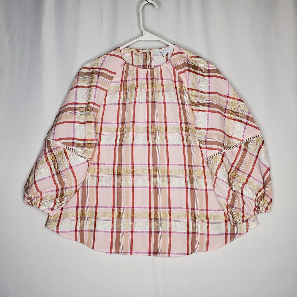 Pearl Lela Rose Top Womens XS Pink Plaid Oversized 3/4 Raglan Sleeve Farmhouse